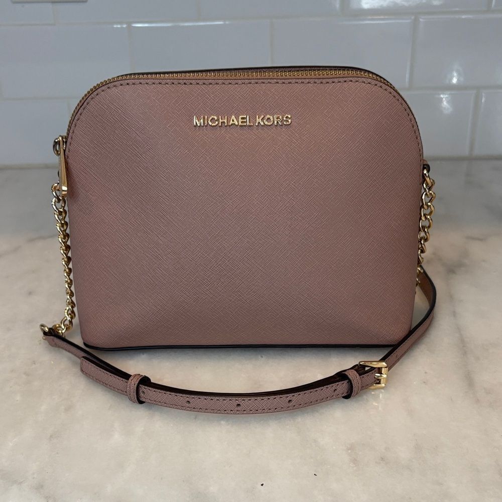 Michael Kors Crossbody Bag Purse Handbag Saffiano Leather Domed Chain-link Pink